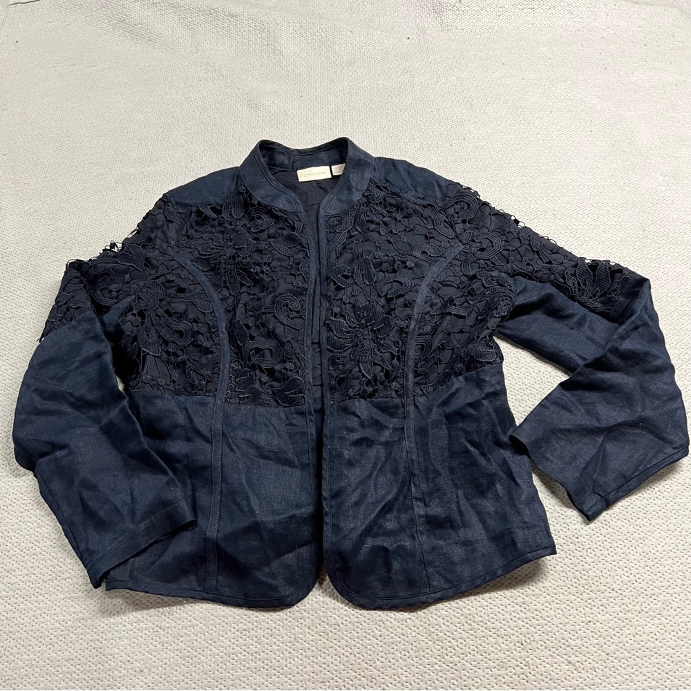 Chico’s Navy Blue Lace Open Front Lightweight 100% Linen Jacket Blazer Small EUC